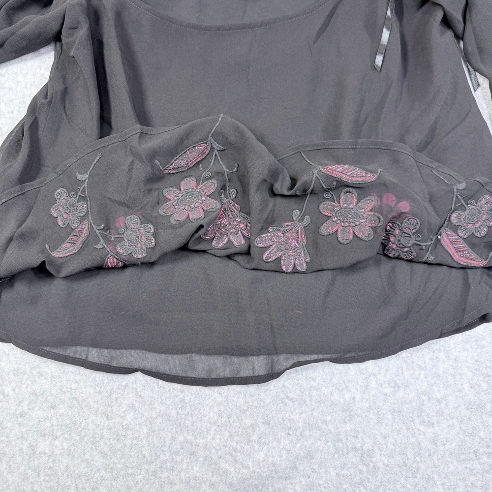 For Love & Lemons Blouse Women L Black Good Floral Embroidered Boho Ribbon Tie - Picture 10 of 14